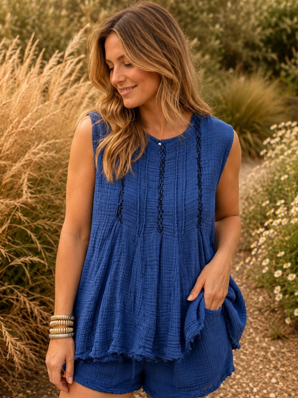 Free People Textured Sleeveless Tank in Cobalt Blue